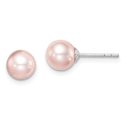 925 Sterling Silver Madi K Rhod-P 6-7mm Pink Round Freshwater Cultured Pearl Stud Earrings, 6.45mm x 6.45mm