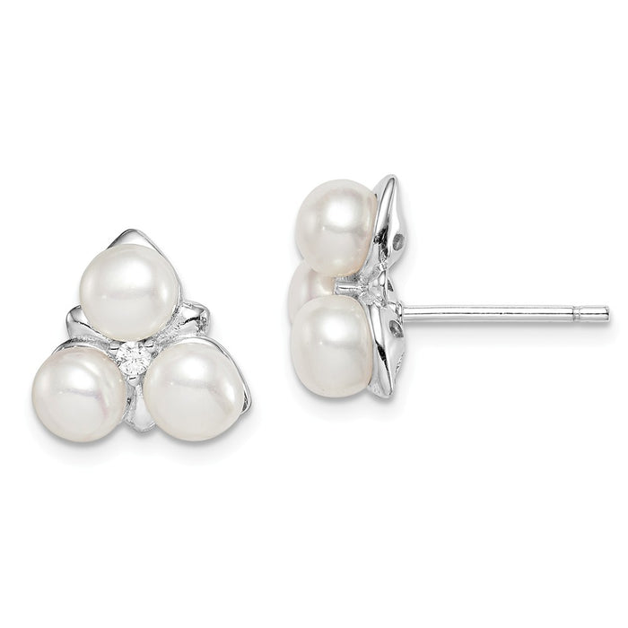 925 Sterling Silver Rhodium-Plated ed Imitation Shell 3-Pearl Cubic Zirconia ( CZ ) Post Earrings,