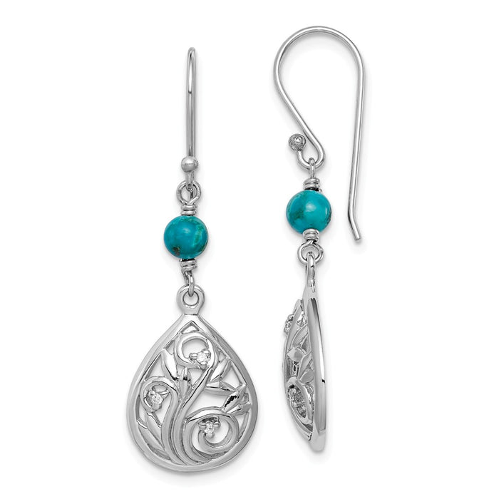 925 Sterling Silver Rhodium-plated Compressed Turquoise/Cubic Zirconia ( CZ ) Dangle Earrings,