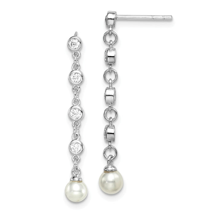 925 Sterling Silver Rhodium-plated Cubic Zirconia ( CZ ) and Glass Pearl Dangle Post Earrings,