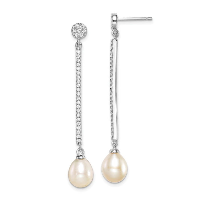 925 Sterling Silver Rhodium-plated Cubic Zirconia ( CZ ) Bar & Freshwater Cultured Pearl Dangle Post Earrings,