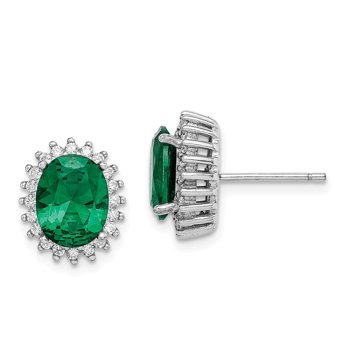 925 Sterling Silver Rhodium-plated Green & White Cubic Zirconia ( CZ ) Oval Cut Post Earrings,