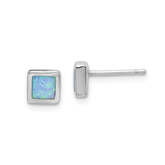 925 Sterling Silver Rhodium-plated Imitation Opal 6mm Square Post Earrings, 6mm