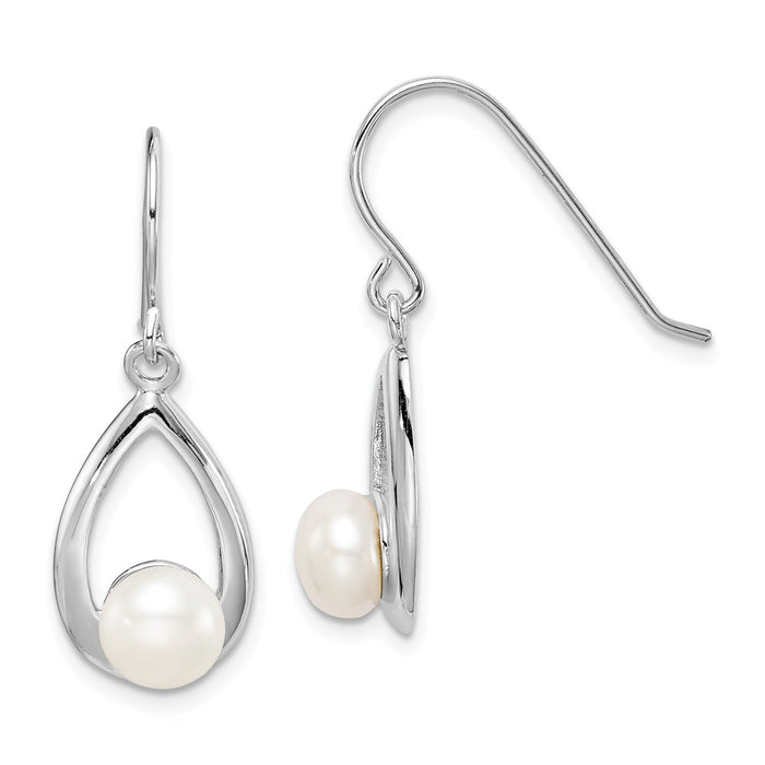 925 Sterling Silver Rhodium-Plated  6-7mm White Button Freshwater Cultured Pearl Dangle Earrings, 24mm x 6 to 7mm
