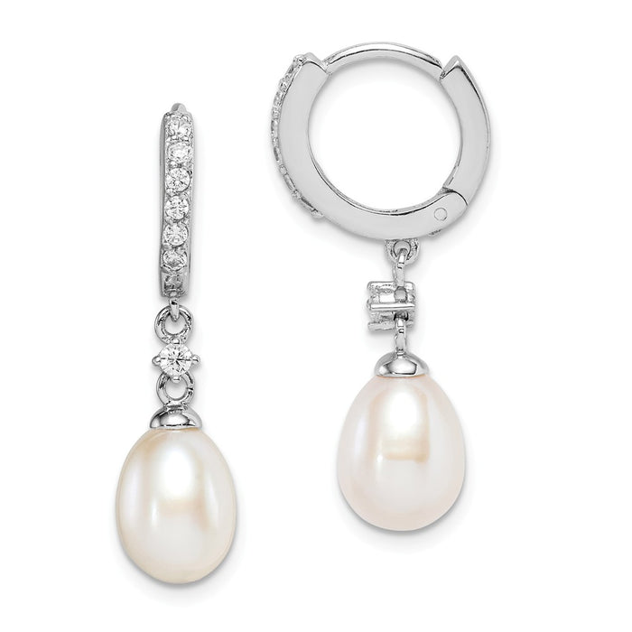 925 Sterling Silver Rhodium-Plated  7-8mm Rice Freshwater Cultured Pearl Cubic Zirconia ( CZ ) Hoop Dangle Earrings, 29mm x 13.04mm