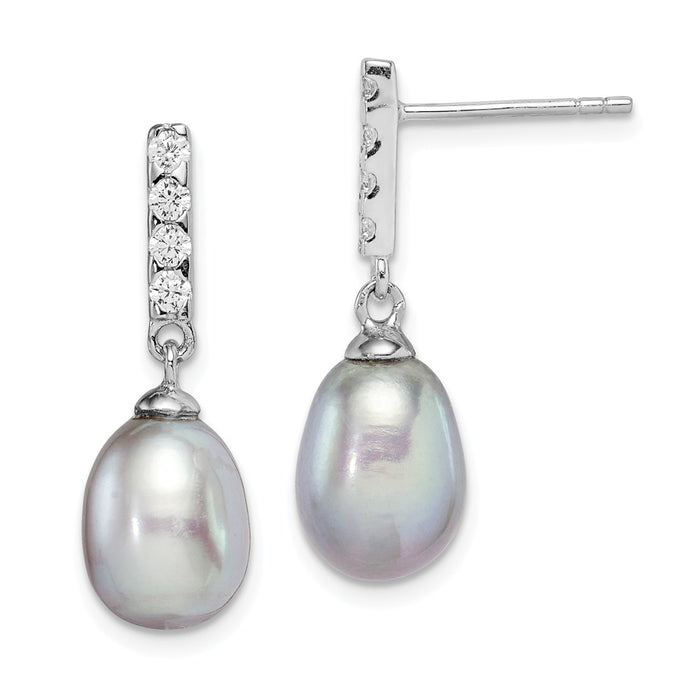 925 Sterling Silver Rhodium-Plated  8-9mm Grey Freshwater Cultured Pearl Cubic Zirconia ( CZ ) Post Dangle Earrings, 25.28mm x 8 to 9mm
