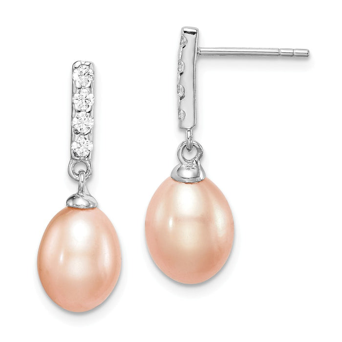 925 Sterling Silver Rhodium-Plated  8-9mm Pink Freshwater Cultured Pearl Cubic Zirconia ( CZ ) Post Dangle Earrings, 25.28mm x 8.17mm