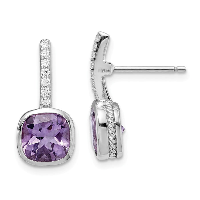 925 Sterling Silver Rhodium-Plated ed Amethyst and White Cubic Zirconia ( CZ ) Post Dangle Earrings,