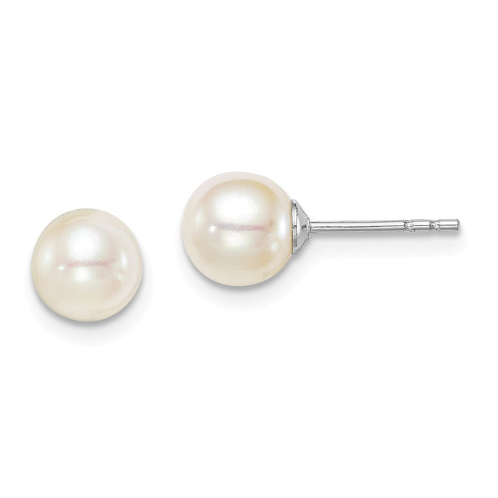 925 Sterling Silver Madi K Rhod-P 6-7mm White Round Freshwater Cultured Pearl Stud Earrings, 6.16mm x 5 to 6mm