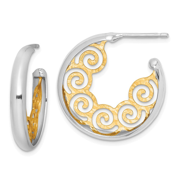 925 Sterling Silver Rhodium-Plated plated & Gold-plated 23x3.5 Swirl Hoop Post Earrings, 3.5mm