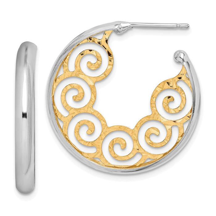 925 Sterling Silver Rhodium-Plated plated & Gold-plated 28x3.5 Swirl Hoop Post Earrings, 3.5mm