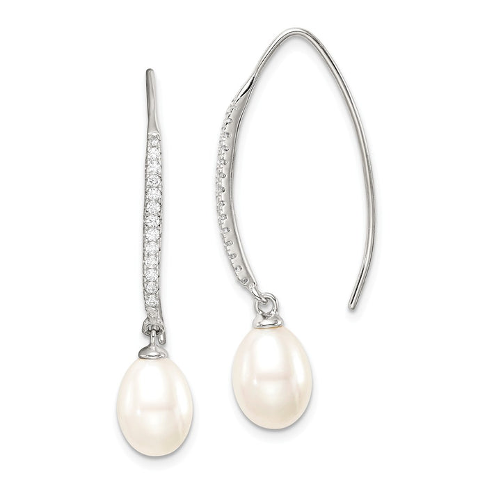 925 Sterling Silver Rhd-plt 7-8mm White Rice Freshwater Cultured Pearl Cubic Zirconia ( CZ ) Threader Earrings, 36mm x 7 to 8mm
