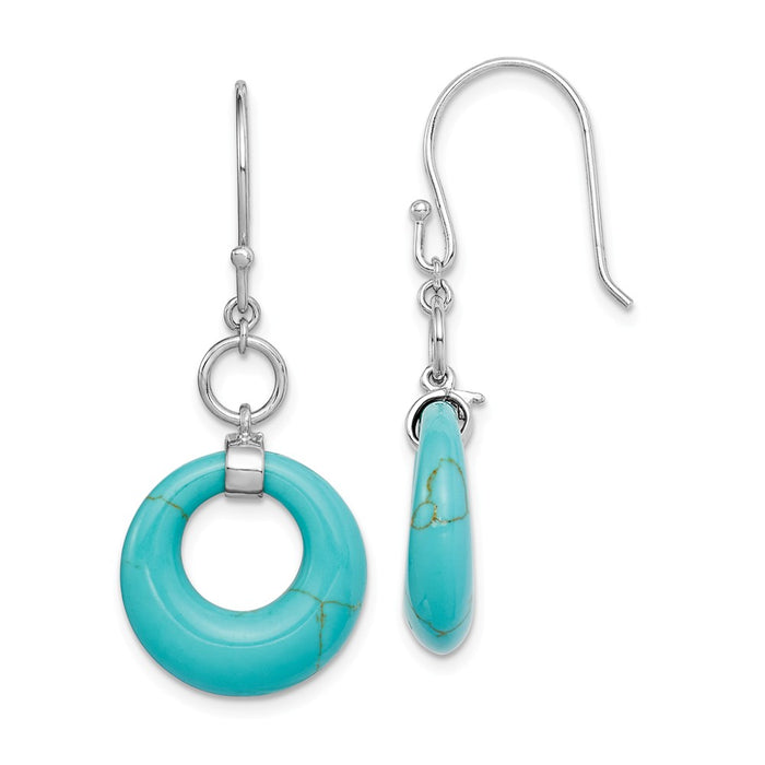 925 Sterling Silver Rhodium-plated Created Turquoise Circle Dangle Earrings,