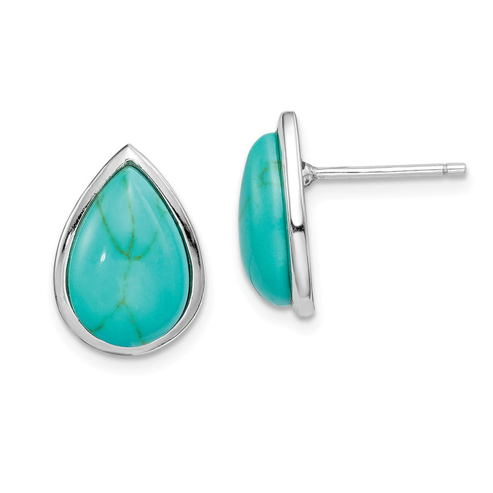 925 Sterling Silver Rhodium-plated Created Turquoise Teardrop Post Earrings,