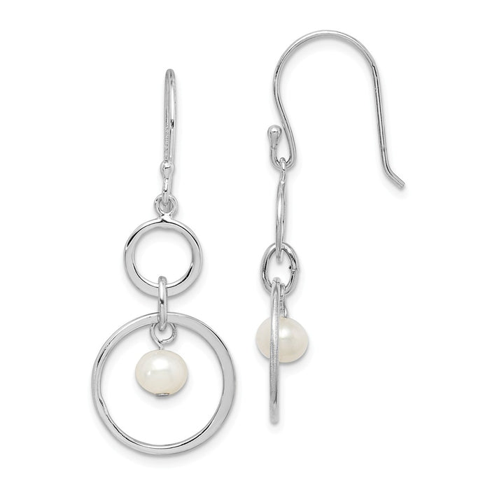 925 Sterling Silver Rhodium-plated Freshwater Cultured Pearl Circle Dangle Earrings,