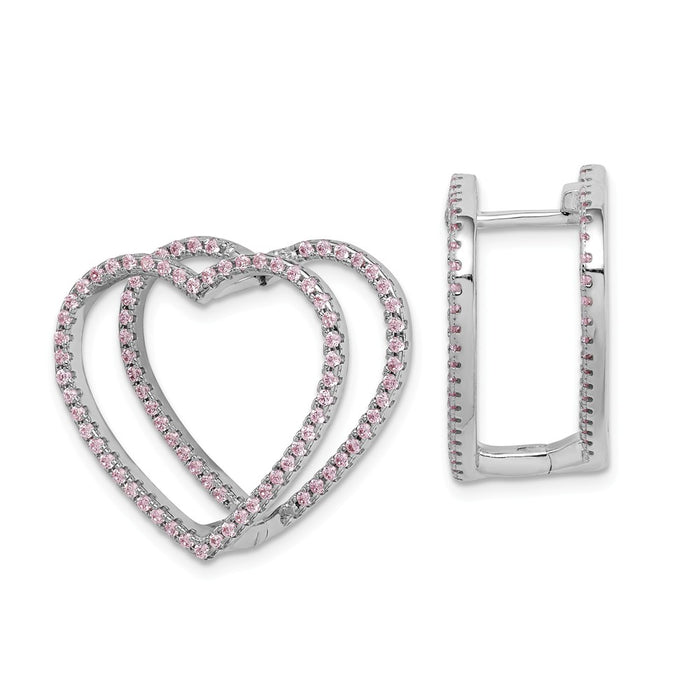 925 Sterling Silver Rhodium-plated Pink Cubic Zirconia ( CZ ) Heart Hinged In & Out Earrings,