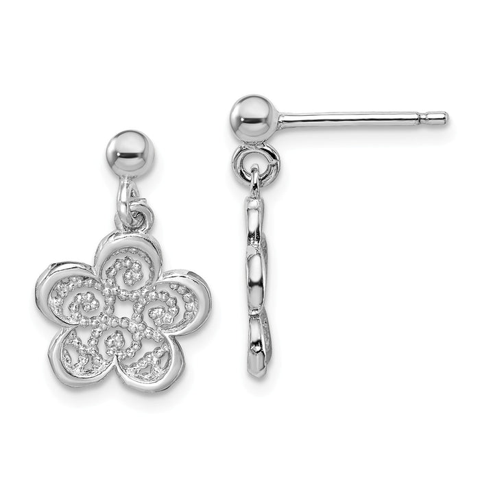 925 Sterling Silver Rhodium-plated Polished Filigree Flower Dangle Earrings,