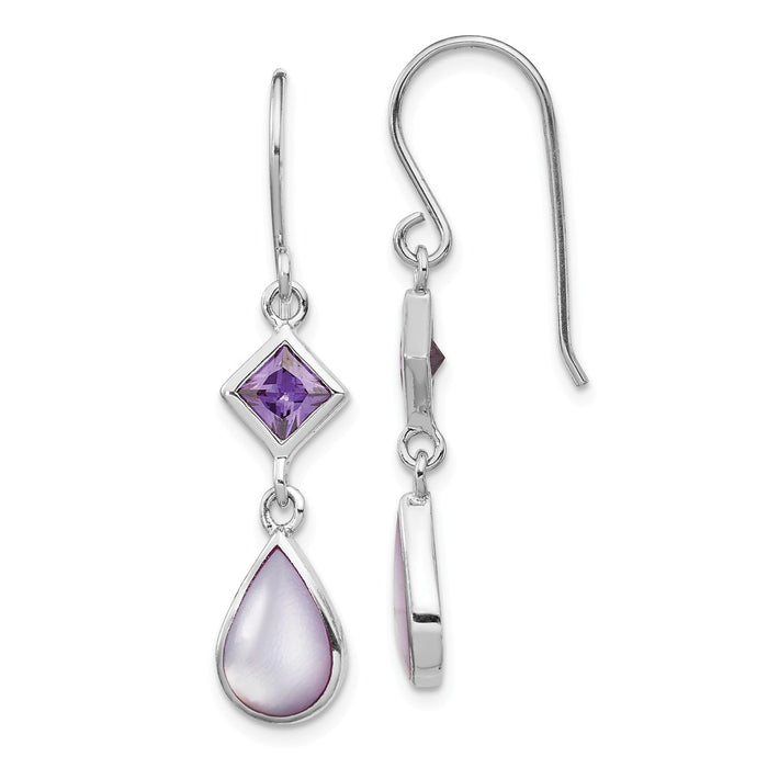 925 Sterling Silver Rhodium-plated Purple Cubic Zirconia ( CZ ) and Purple MOP Dangle Earring, 33mm x 5.77mm