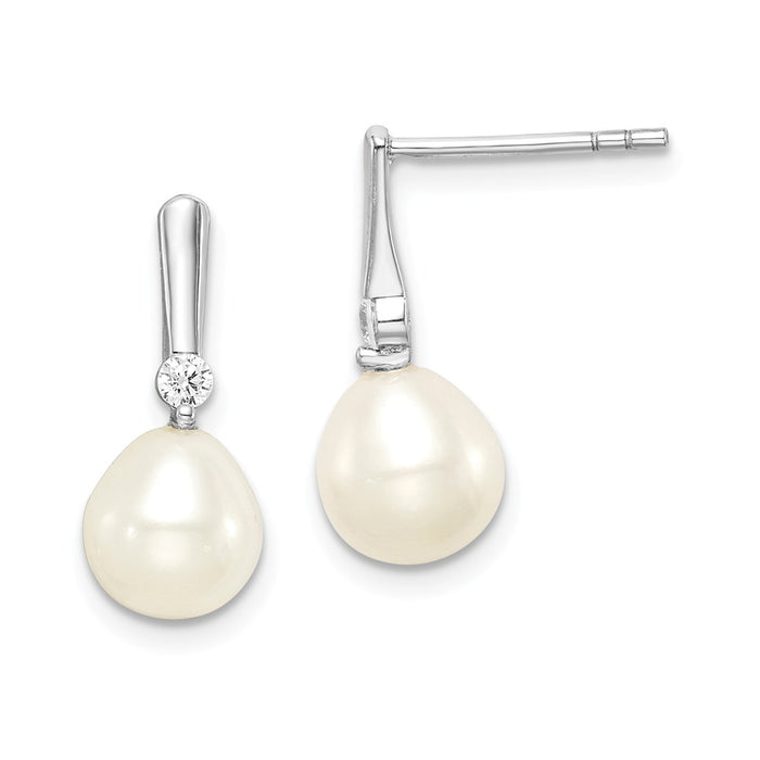 925 Sterling Silver Rhodium-Plated  7-8mm White Rice Freshwater Cultured Pearl Cubic Zirconia ( CZ ) Dangle Earrings, 17.1mm x 7 to 8mm