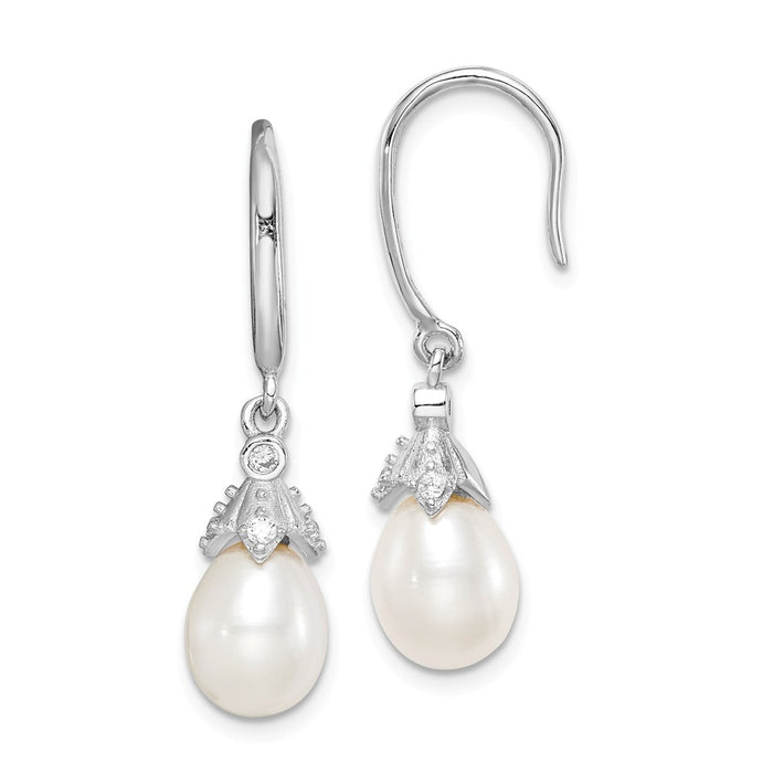 925 Sterling Silver Rhodium-Plated  7-8mm White Rice Freshwater Cultured Pearl Cubic Zirconia ( CZ ) Dangle Earrings, 30.7mm x 7 to 8mm