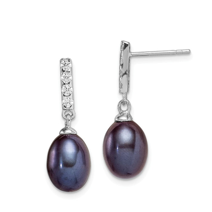 925 Sterling Silver Rhodium-Plated  8-9mm Black Freshwater Cultured Pearl Cubic Zirconia ( CZ ) Post Dangle Earrings, 23.15mm x 8 to 9mm