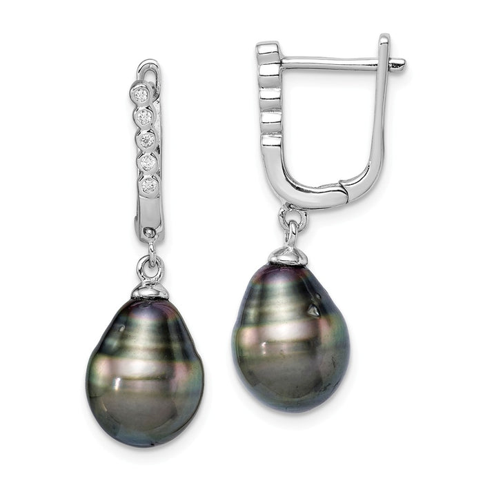 925 Sterling Silver Rhodium-Plated  9-10mm Tahitian Drop Pearl Cubic Zirconia ( CZ ) Dangle Earrings, 30.3mm x 9 to 10mm