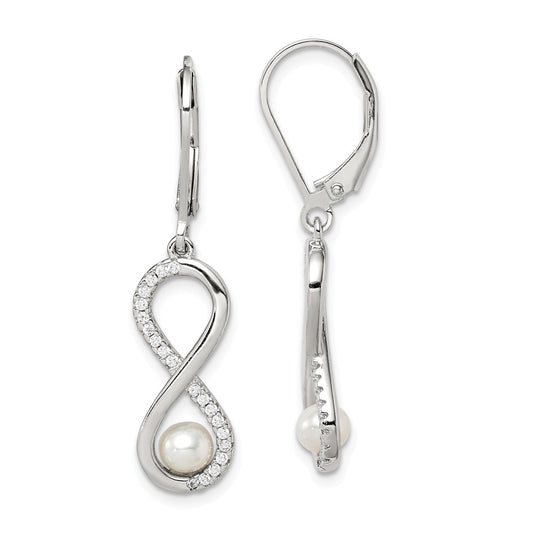 925 Sterling Silver Rhd-plt 4-5mm White Round Freshwater Cultured Pearl Cubic Zirconia ( CZ ) Infinity Earrings, 33.13mm x 7.92mm
