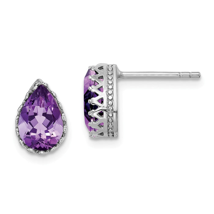 925 Sterling Silver Rhodium-plated 10 Polished Pear Amethyst Post Earrings,