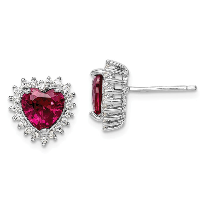 925 Sterling Silver Rhodium-plated Created Corundum & Cubic Zirconia ( CZ ) Heart Post Earrings,