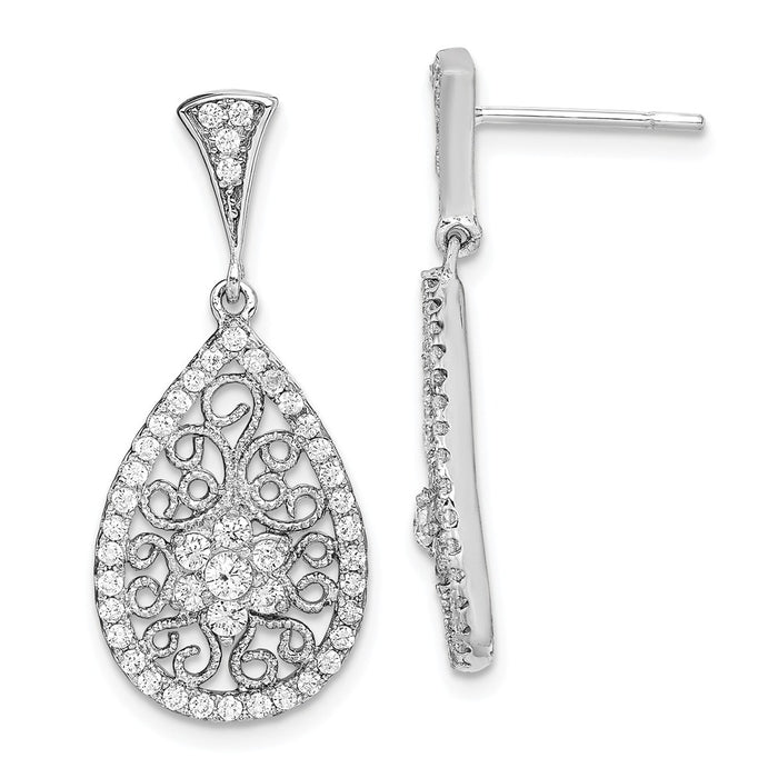 925 Sterling Silver Rhodium-plated Cubic Zirconia ( CZ ) Filigree Teardrop Dangle Post Earrings,