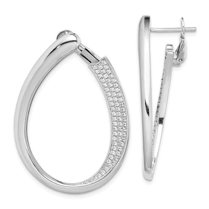 925 Sterling Silver Rhodium-plated Cubic Zirconia ( CZ ) Pave Front and Back Oval Hoop Earrings,