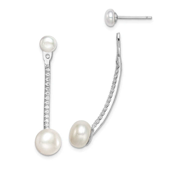 925 Sterling Silver Rhodium-plated FWCultured Pearl & Cubic Zirconia ( CZ ) Bar Jacket Earrings,