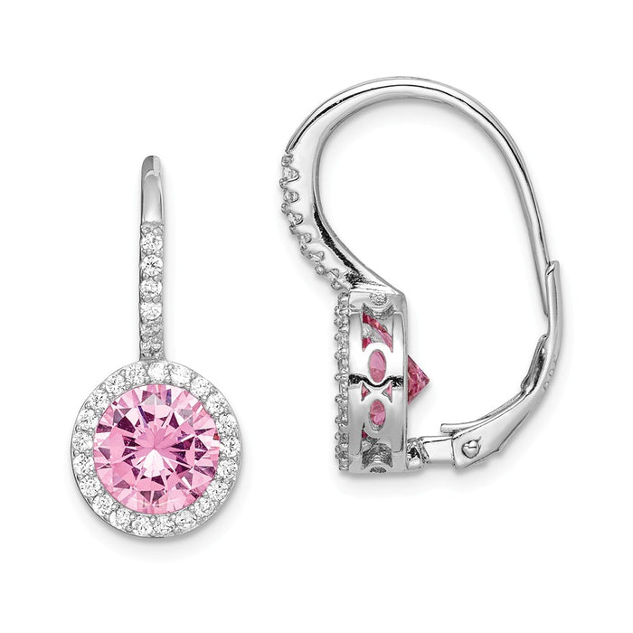925 Sterling Silver Rhodium-plated Pink & White Cubic Zirconia ( CZ ) Leverback Dangle Earrings,