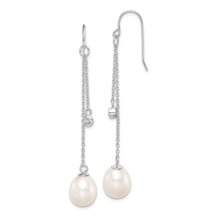 925 Sterling Silver Rhodium-Plated  9-10mm White Rice Freshwater Cultured Pearl Cubic Zirconia ( CZ ) Dangle Earrings, 65.3mm x 9 to 10mm