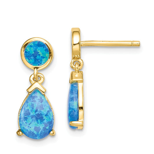 925 Sterling Silver Gold-tone Created Blue Opal Teardrop Post Dangle Earrings,