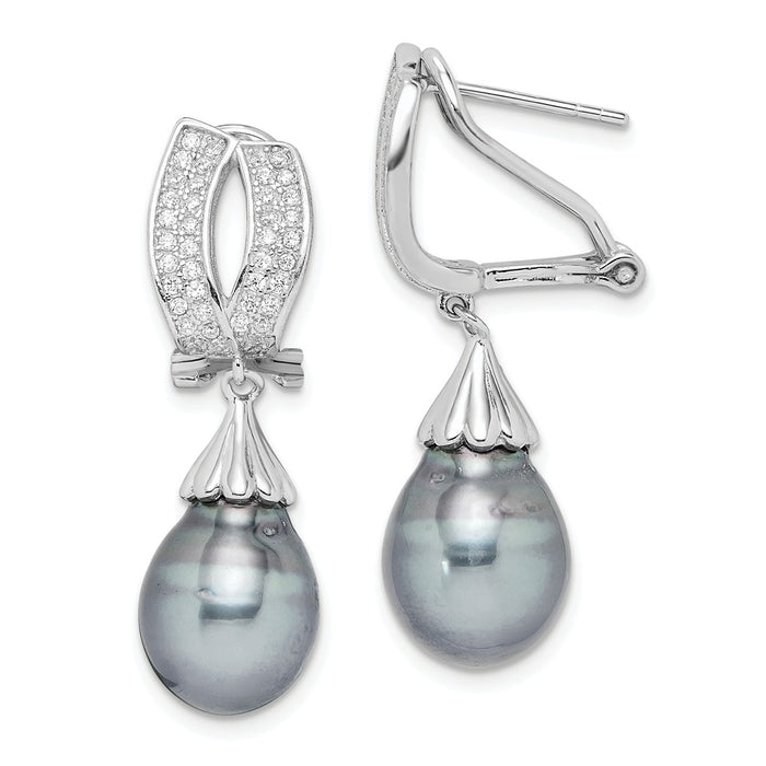 925 Sterling Silver Rhd-plt 9-10mm Tahitian Drop Pearl Cubic Zirconia ( CZ ) Omega Back Earrings, 33.5mm x 9 to 10mm