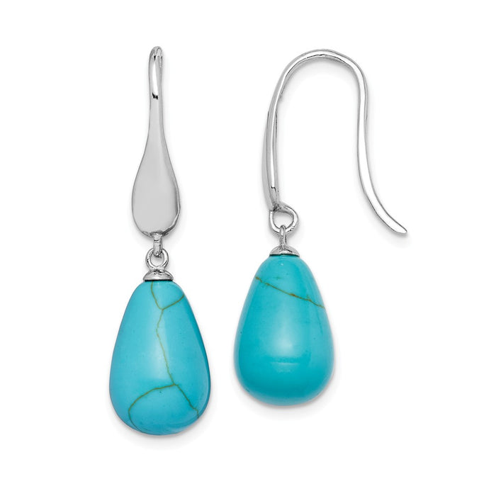 925 Sterling Silver Rhodium-plated Created Turquoise Teardrop Dangle Earrings,