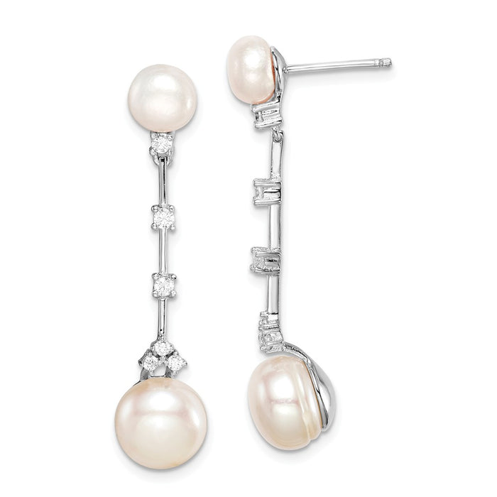 925 Sterling Silver Rhodium-plated Cubic Zirconia ( CZ ) & Freshwater Cultured Button Pearl Dangle Post Earrings,