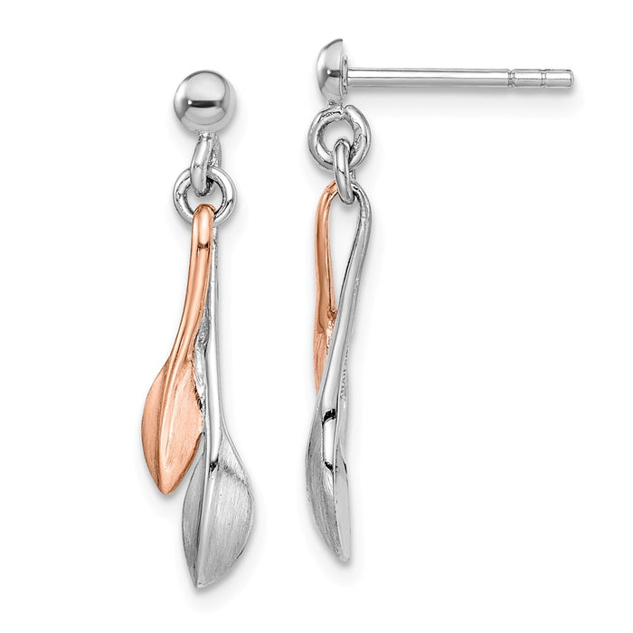 925 Sterling Silver Rhodium-plated Rose Gold-plated Leaf Post Dangle Earrings,