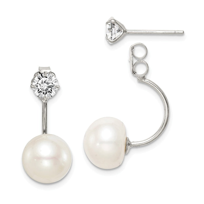 925 Sterling Silver Rh-plt 9-10mm Button Freshwater Cultured Pearl Cubic Zirconia ( CZ ) Front and Back Earrings, 21.2mm x 9 to 10mm