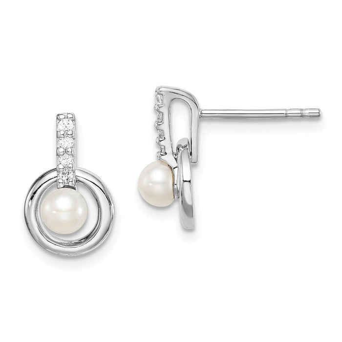 925 Sterling Silver Rhodium-plated Cubic Zirconia ( CZ ) (4-5) Freshwater Cultured Pearl & Circle Post Earrings,