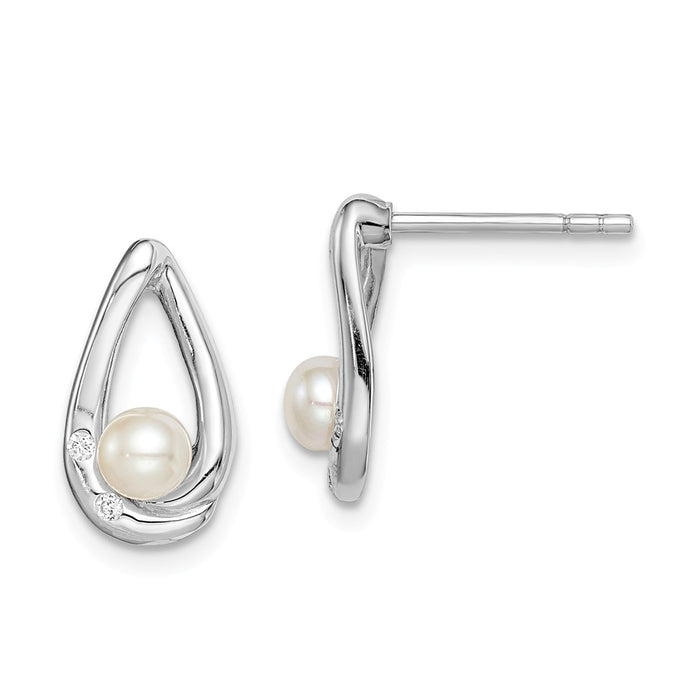 925 Sterling Silver Rhodium-plated Cubic Zirconia ( CZ ) (4-5) Freshwater Cultured Pearl Teardrop PostEarrings,