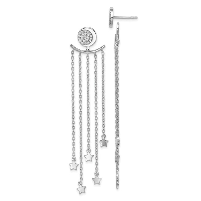 925 Sterling Silver Rhodium-plated Cubic Zirconia ( CZ ) Moon Posts & Star Dangle Jacket Earrings,