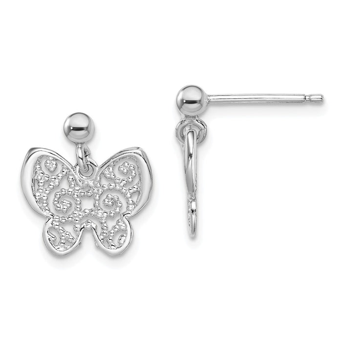 925 Sterling Silver Rhodium-plated Polished Filigree Butterfly Dangle Earrings,