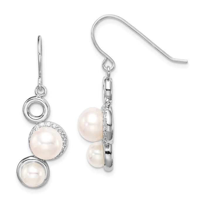 925 Sterling Silver Rhodium-Plated  5-6 and 7-8mm White Button Freshwater Cultured Pearl Cubic Zirconia ( CZ ) Earrings, 31.5mm x 10.25mm