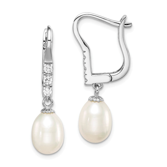 925 Sterling Silver Rhodium-Plated  7-8mm White Rice Freshwater Cultured Pearl Cubic Zirconia ( CZ ) Leverback Earrings, 30.5mm x 7 to 8mm