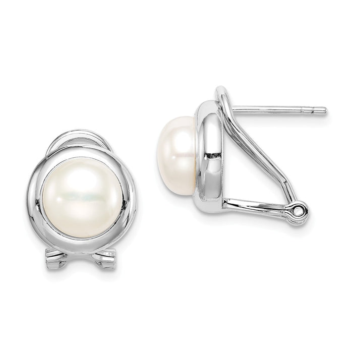 925 Sterling Silver Rhodium-Plated  8-9mm White Button Freshwater Cultured Pearl Omega Clip Earrings, 11.5mm x 11.3mm
