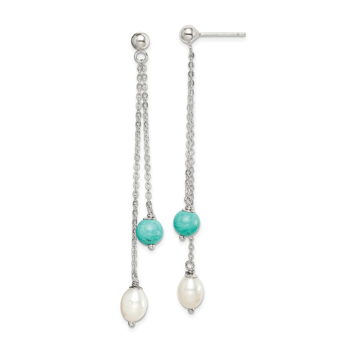 925 Sterling Silver Turquoise & Freshwater Cultured Pearl Post Dangle Earrings,