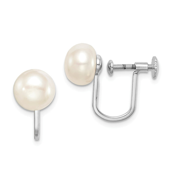 925 Sterling Silver Rhodium-Plated  8-9mm White Button Freshwater Cultured Pearl Non-pierced Earrings, 15.05mm x 8 to 9mm