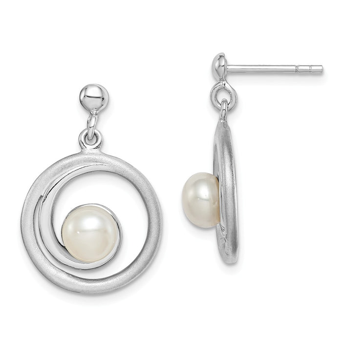 925 Sterling Silver Rhodium-plated (6-7) Freshwater Cultured Pearl & Circle Dangle Post Earrings,